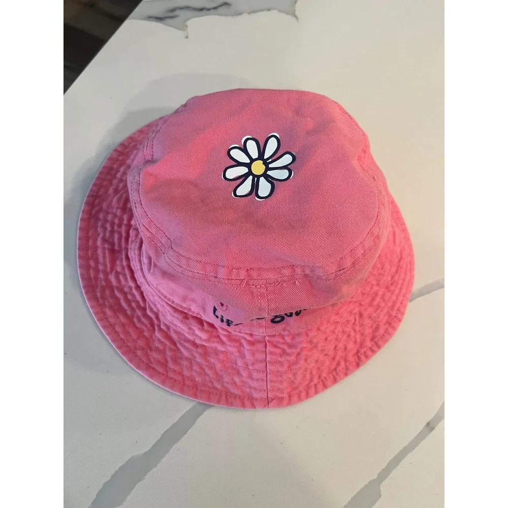 Life is Good Pink Daisy Cotton Bucket Hat‎ Size 4-7Y Sun Hat Flower Embroidery